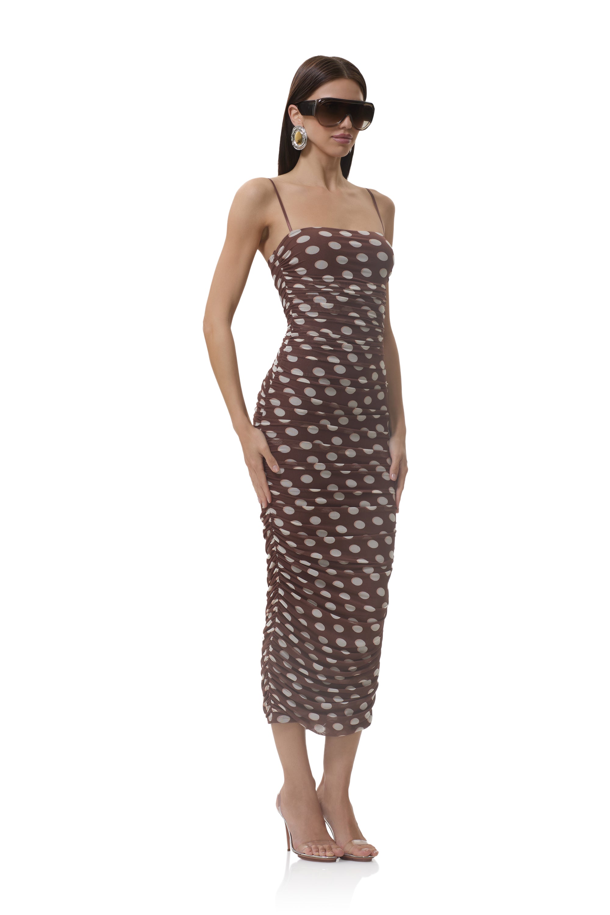 Afrm Hazel Ruched Mesh Midi Dress in Chocolate Halo Dot at Nordstrom, Size Large Afrm Hazel Ruched Mesh Midi Dress in Chocolate Halo Dot at Nordstrom, Size Large