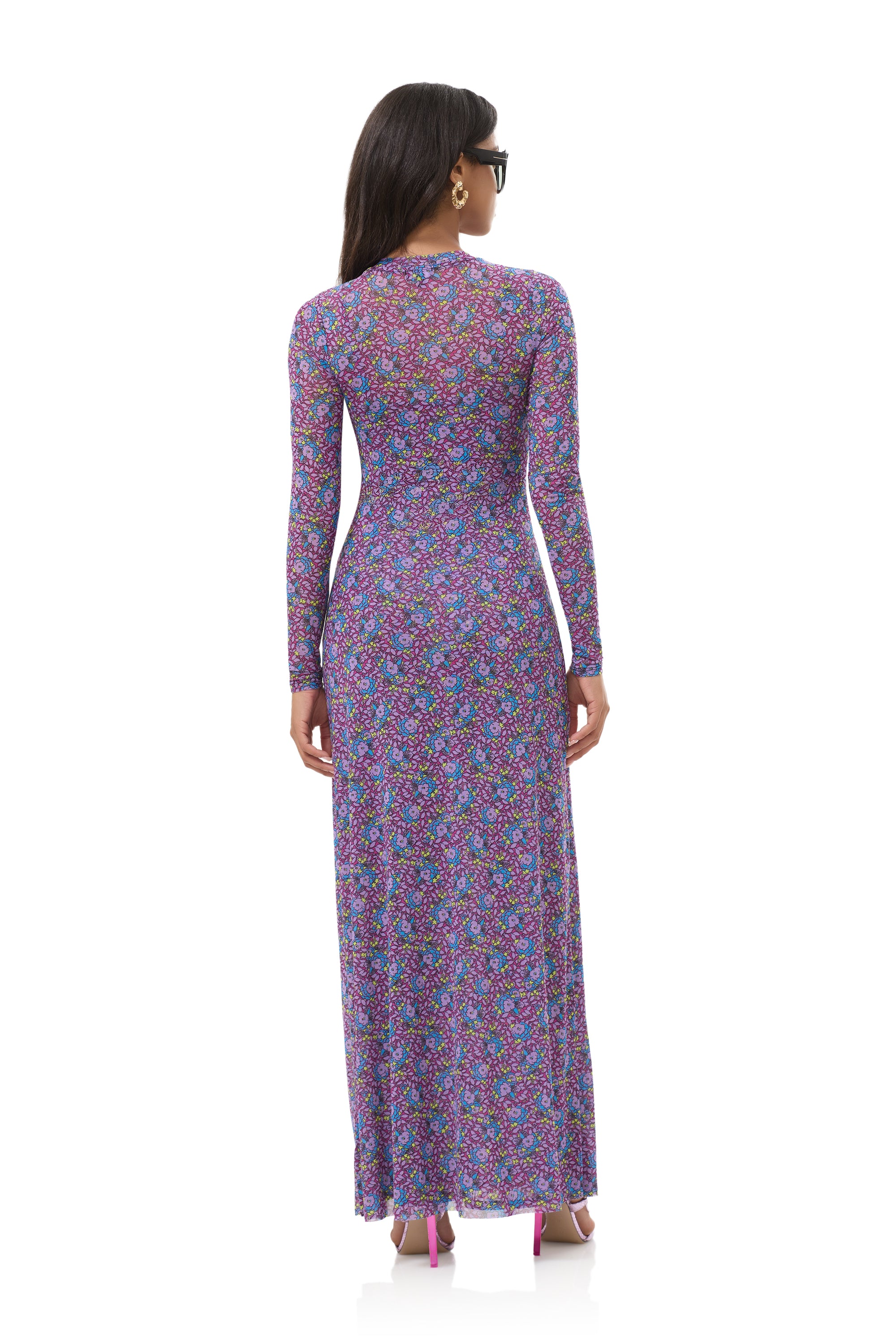 afrm women's paola crewneck semi sheer dress with mesh slip AFRM Paola Floral Print Crew Neck Long Sleeve Ankle Mesh Maxi Dress