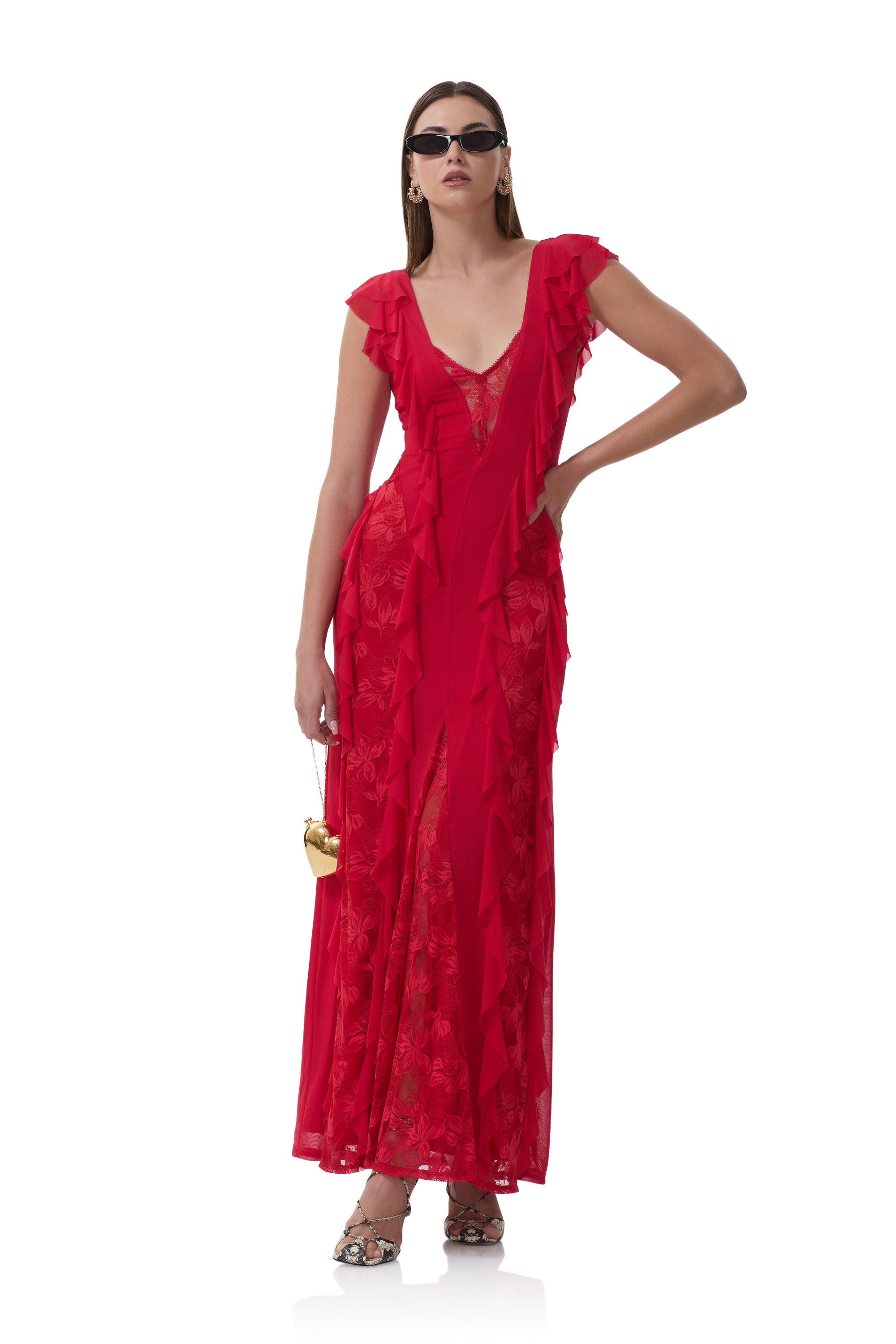AFRM Trista Ruffle-Sleeve V-Neck Maxi Dress - Kiss Red AFRM Trista Ruffle-Sleeve V-Neck Maxi Dress - Kiss Red