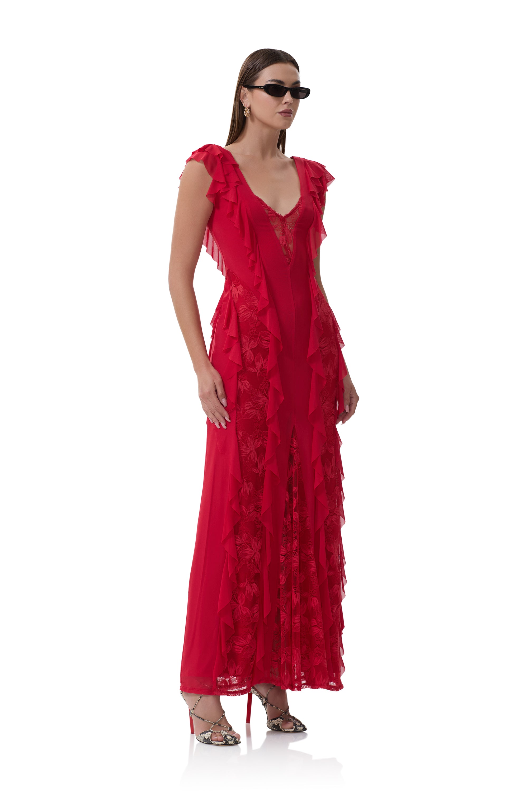 afrm airess ruffle maxi dress AFRM Airess ruffle rosette detail maxi dress in airy