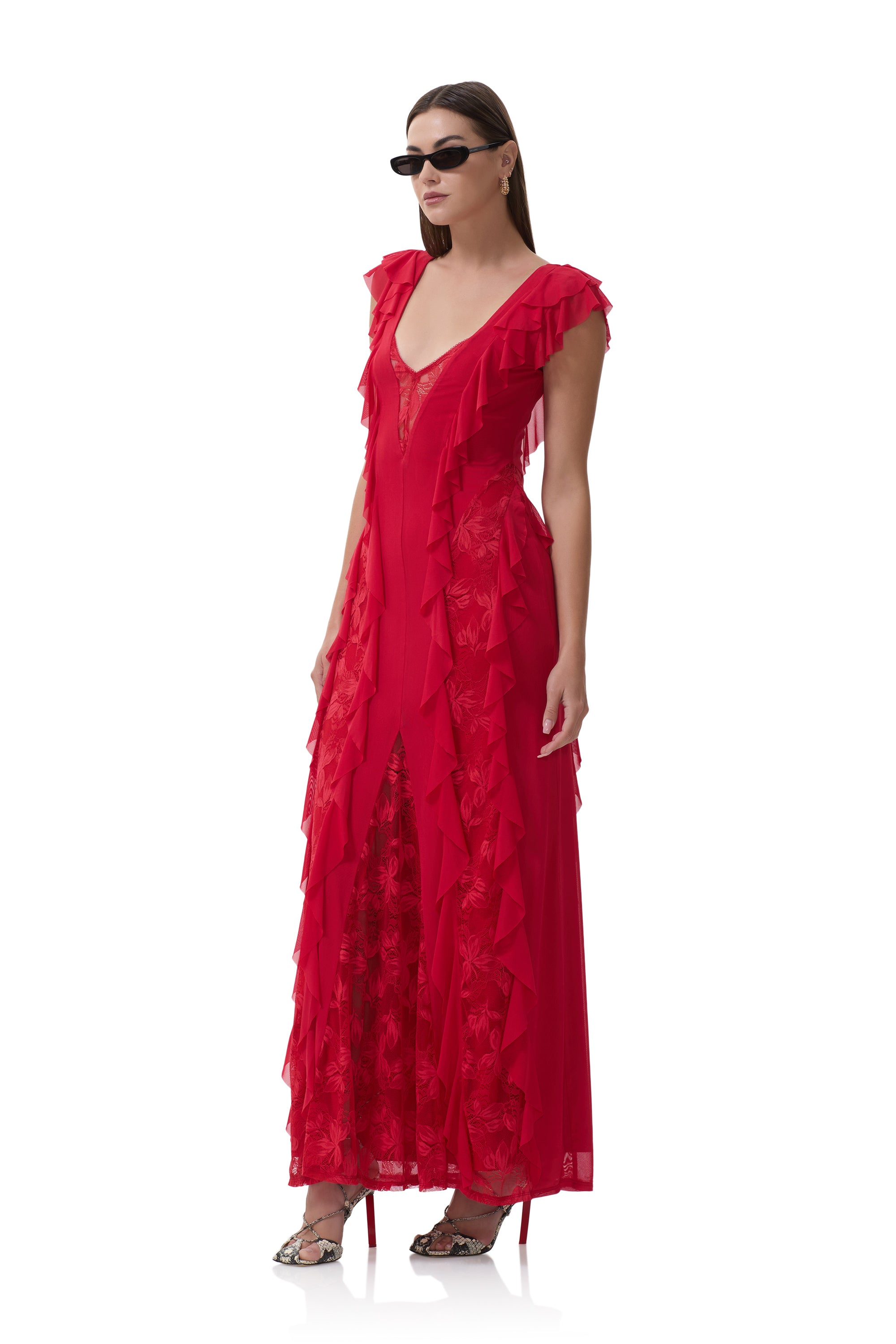 AFRM Trista Ruffle-Sleeve V-Neck Maxi Dress - Kiss Red AFRM Trista Ruffle-Sleeve V-Neck Maxi Dress - Kiss Red