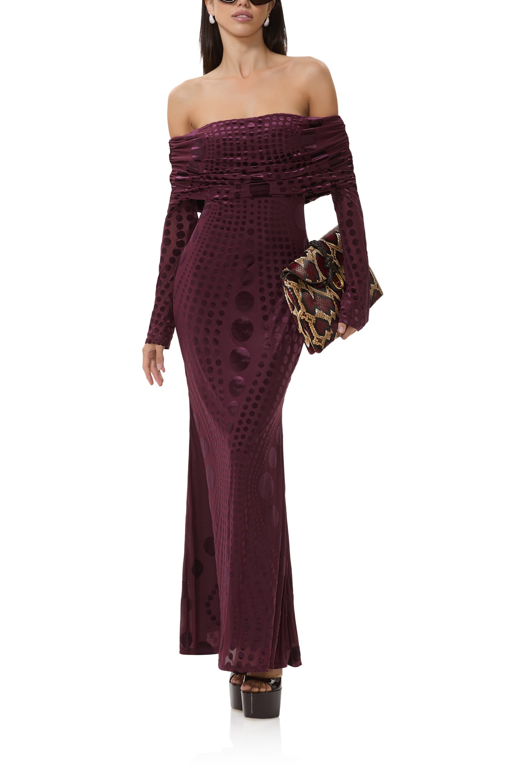 chinese dress ladies AFRM Women's Thelma Off The Shoulder Marrowed Edge Maxi Dress, Diagonal  Dot, Black, Print, XS at Amazon Women's Clothing store