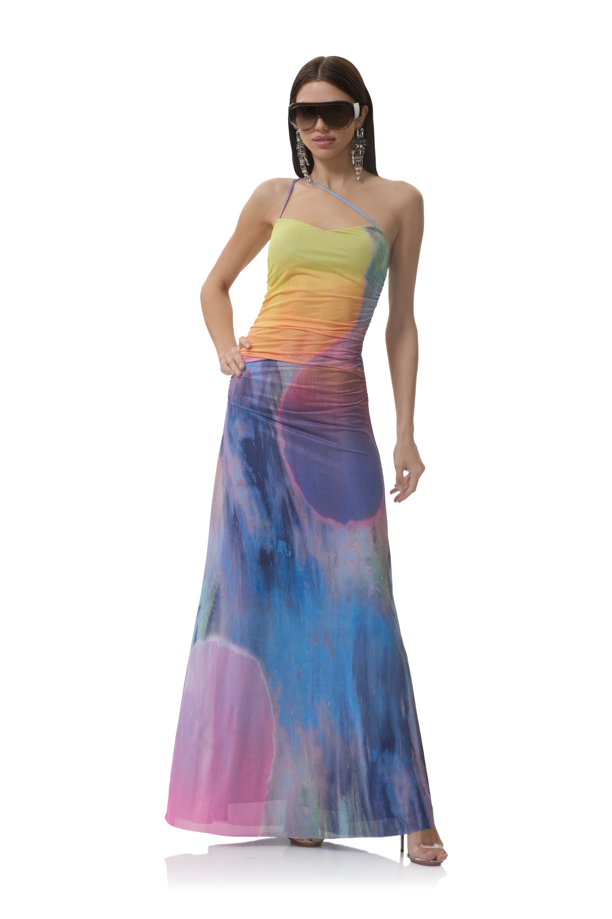 afrm azula ruched mesh dress AFRM Azula Printed Mesh Ruched Front Maxi Dress