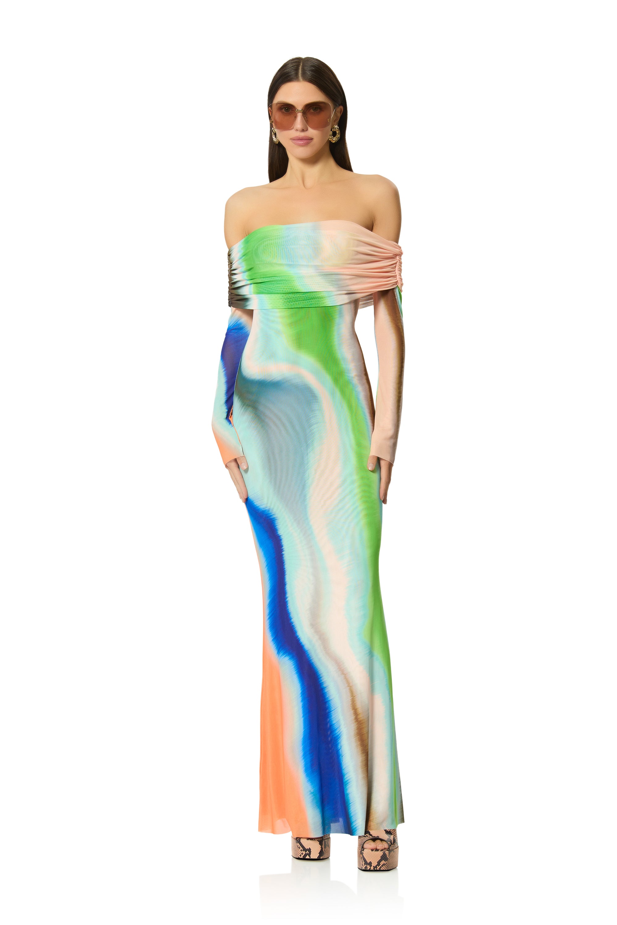 essie one shoulder dress AFRM Essie off the shoulder cut out back detail ruched maxi dress in pastel abstract print