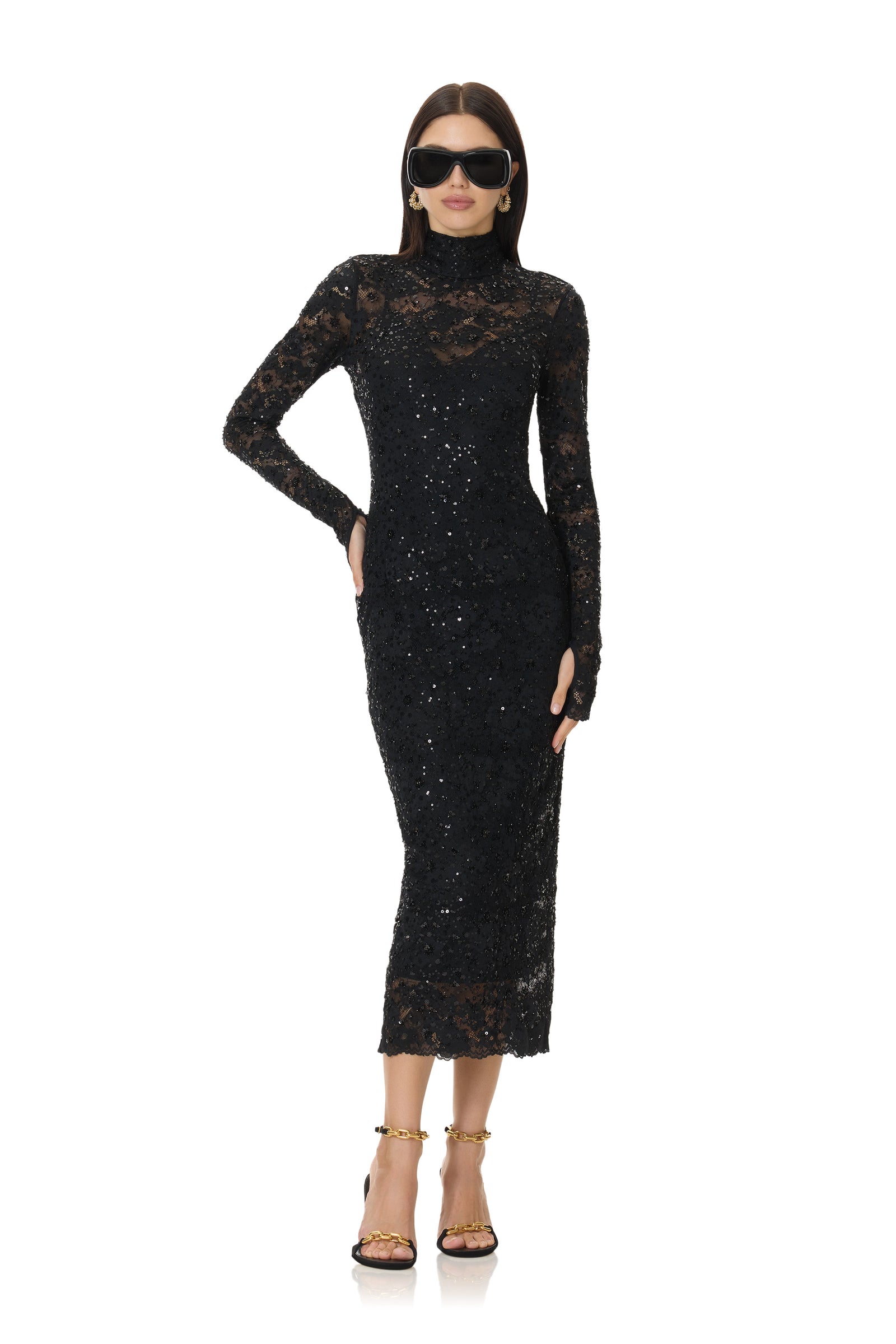 Shailene Beaded Lace Dress - Noir - 54405454528882