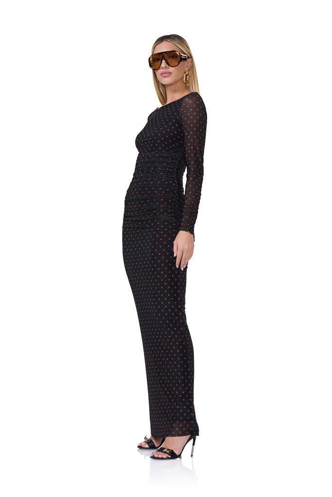 women's long sleeve maxi dress with wide neck neckline in sepia dot print