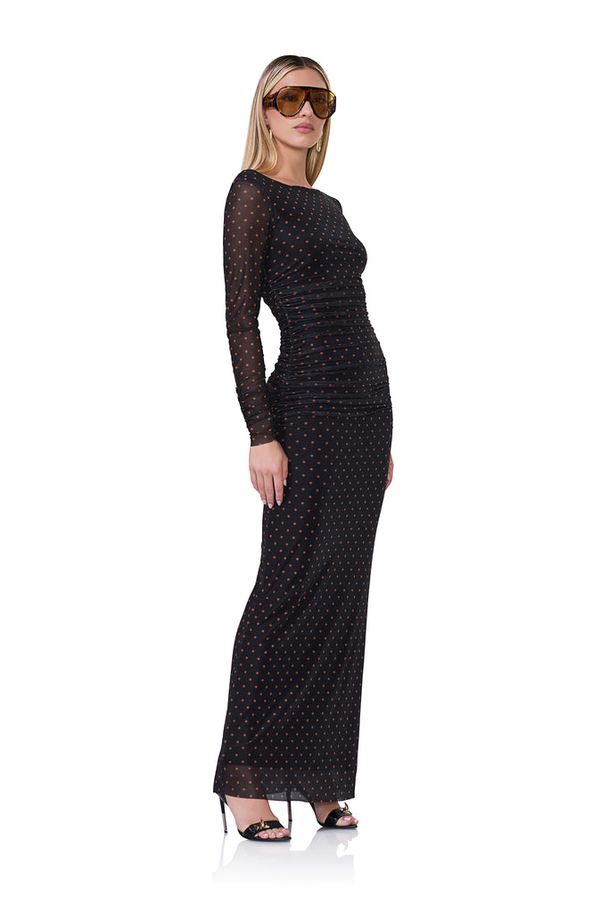 women's long sleeve maxi dress with wide neck neckline in sepia dot print