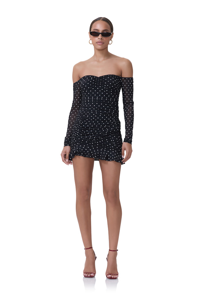 women's off the shoulder mini dress with long sleeves in noir dot print