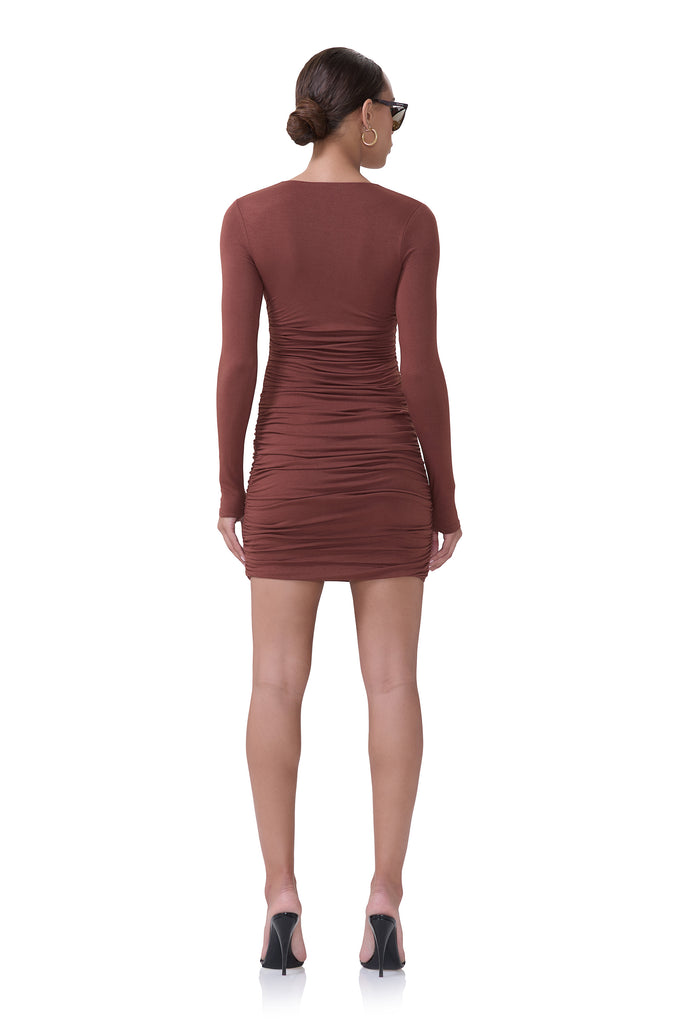 women's mini dress with long sleeves and deep scoop neck in cocoa