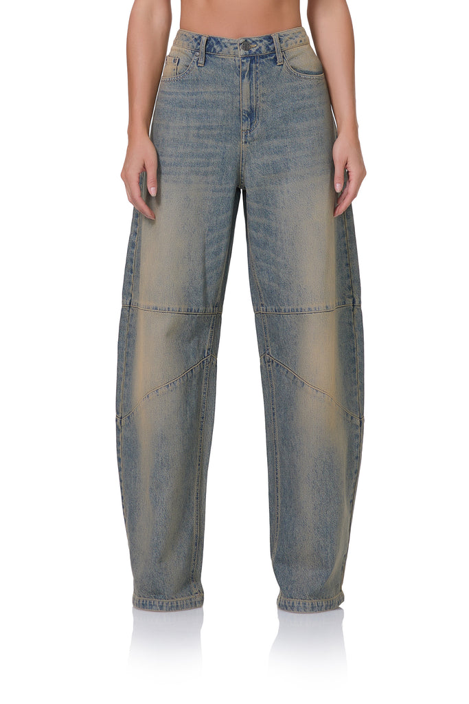 women's mid rise barrel shaped jean in tinted grunge wash