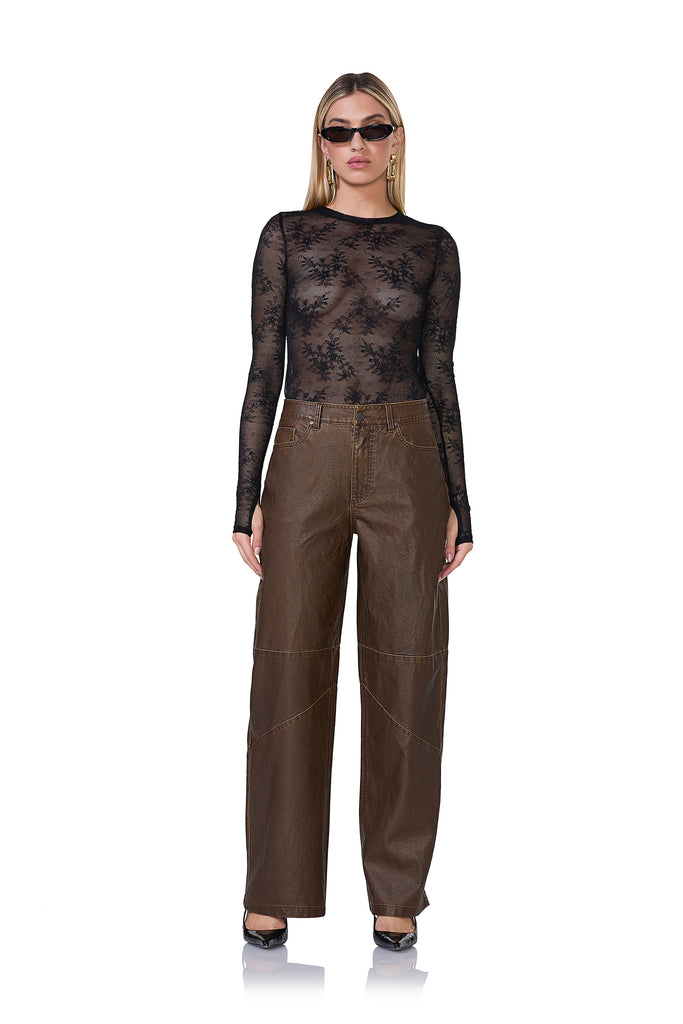 women's mid rise barrel shaped faux leather pant in washed brown