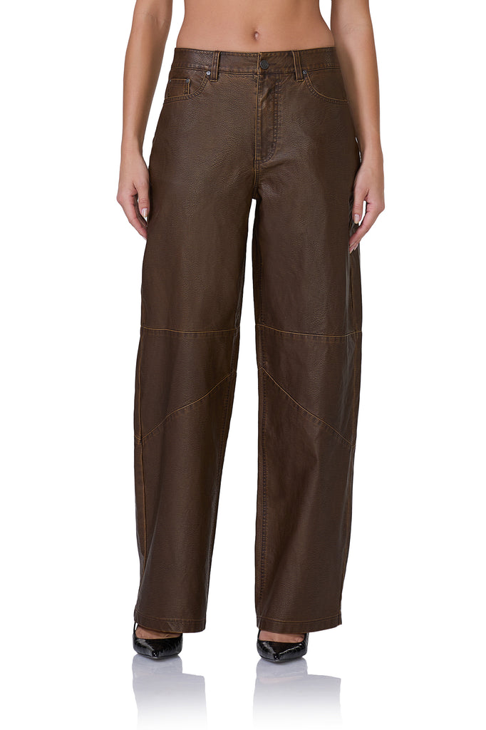 women's mid rise barrel shaped faux leather pant in washed brown