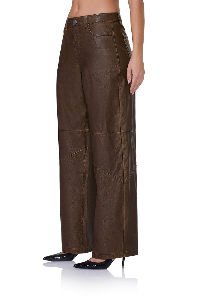 women's mid rise barrel shaped faux leather pant in washed brown