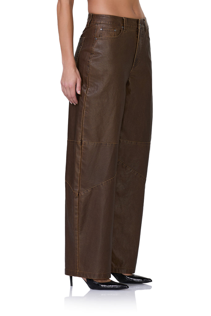 women's mid rise barrel shaped faux leather pant in washed brown