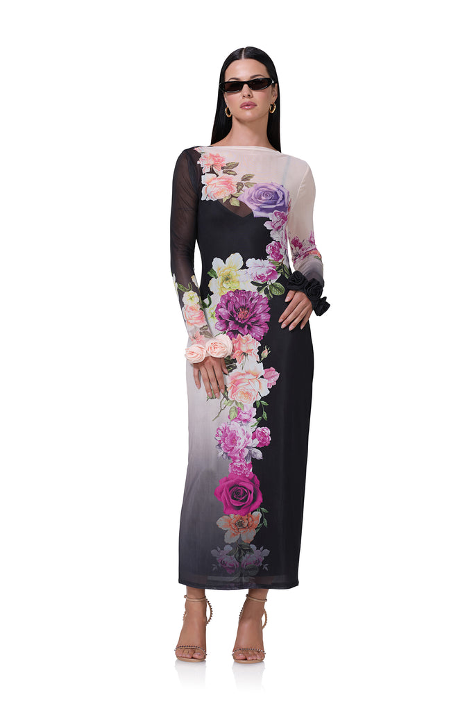 women's maxi dress with rosette cuffs in a floral print