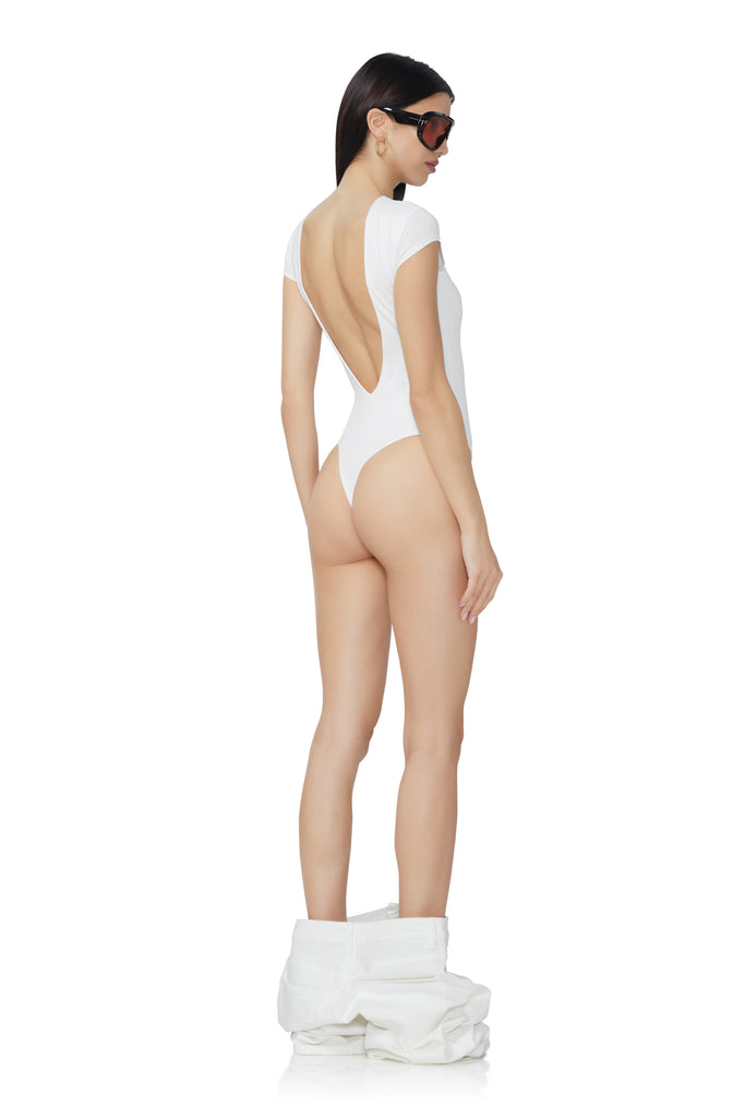 women's open back bodysuit with cap sleeve in bright white