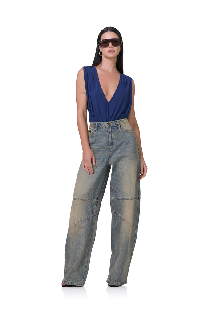 women's mid rise barrel shaped jean in tinted grunge wash