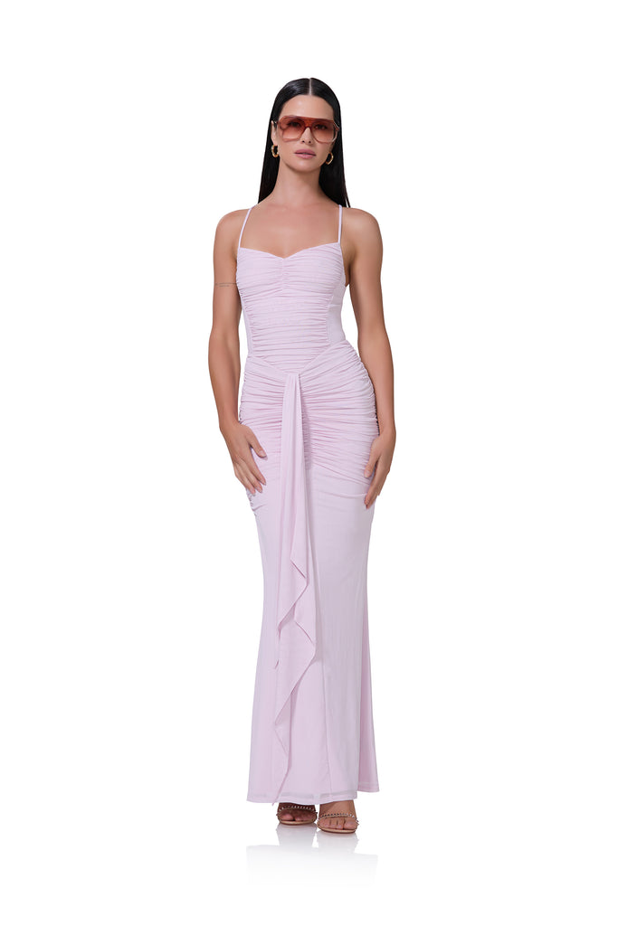 women's ruched maxi dress with a front draped tie in lilac