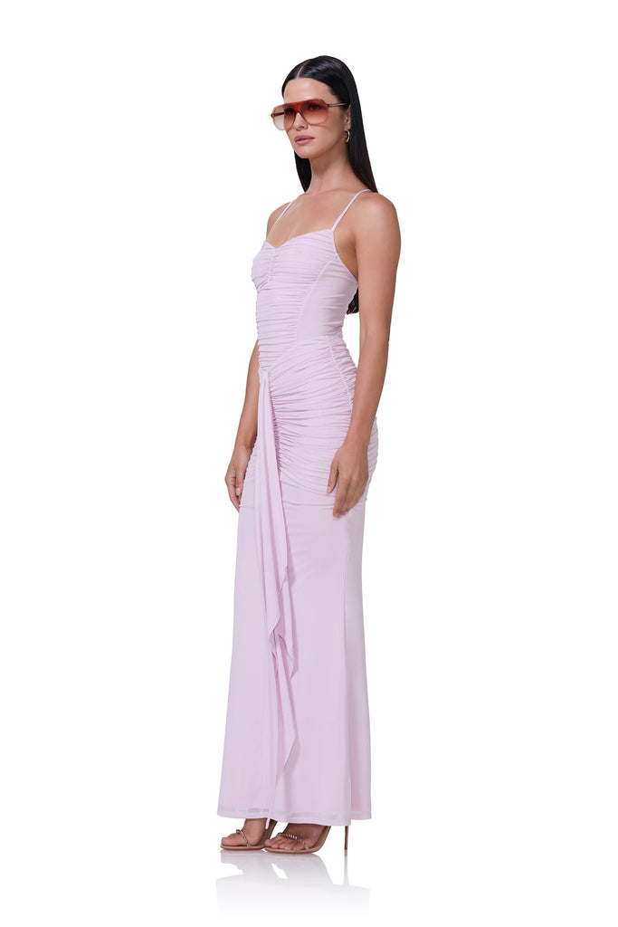 women's ruched maxi dress with a front draped tie in lilac