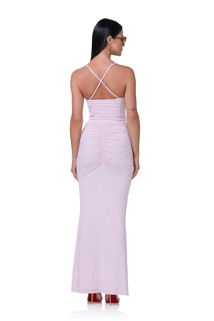 women's ruched maxi dress with a front draped tie in lilac