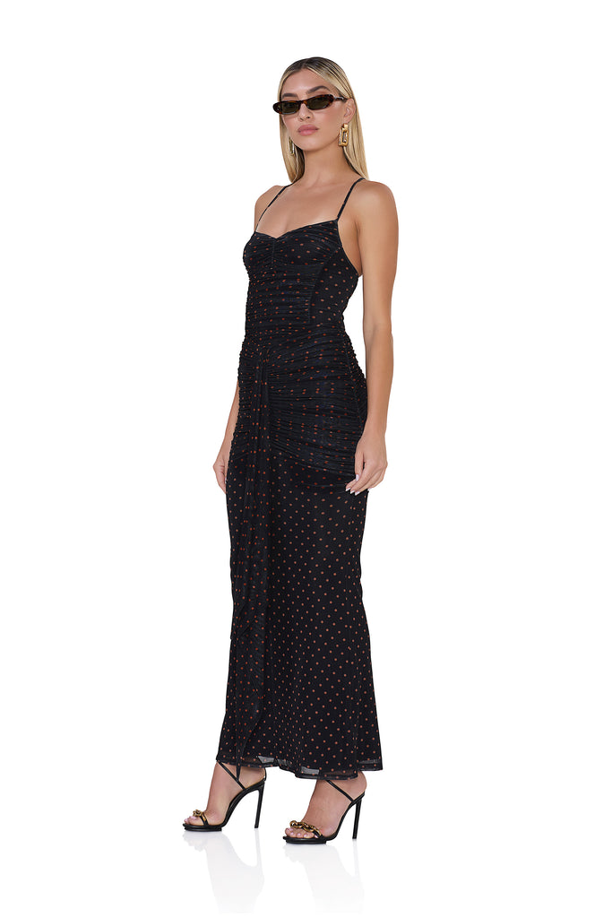 women's ruched maxi dress with a front draped tie in sepia dot