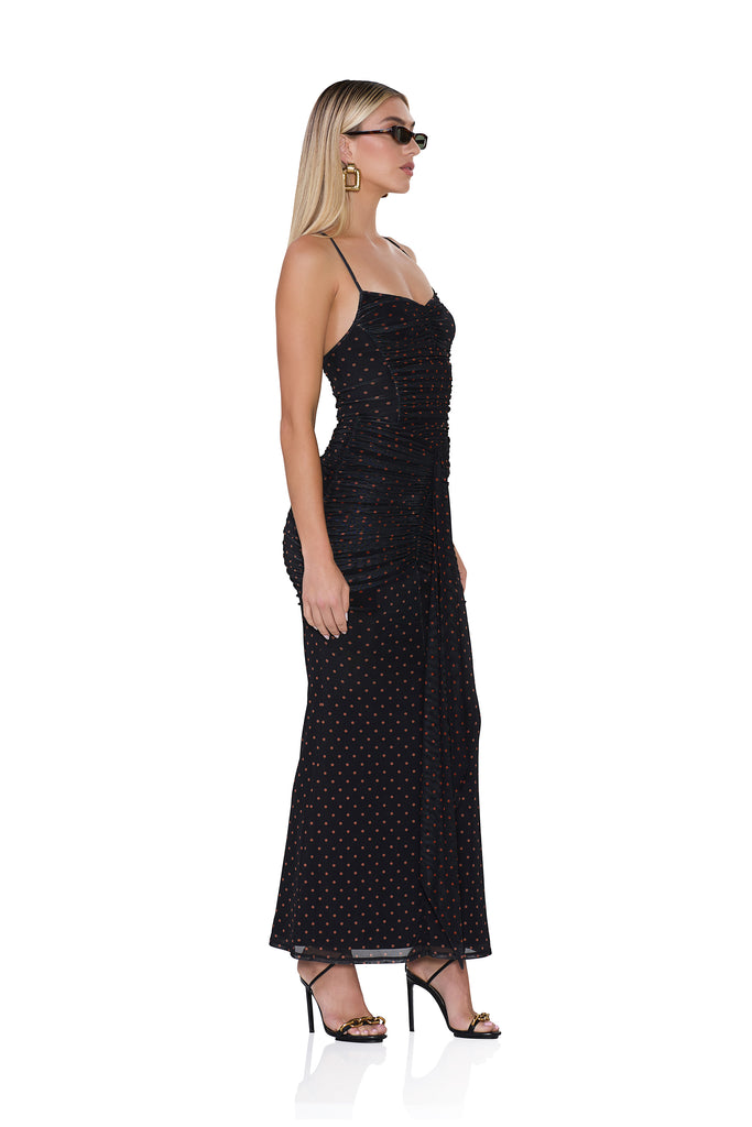 women's ruched maxi dress with a front draped tie in sepia dot