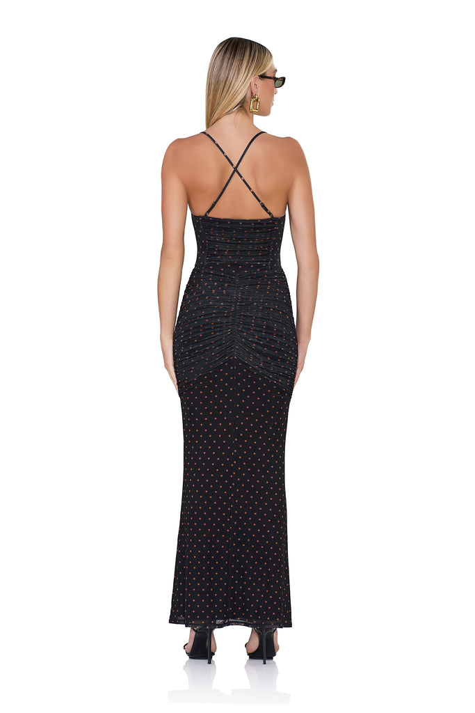 women's ruched maxi dress with a front draped tie in sepia dot