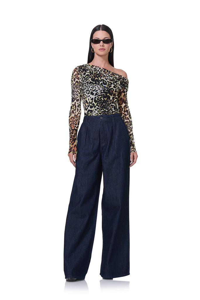 women's long sleeve top with draped neckline in animal print