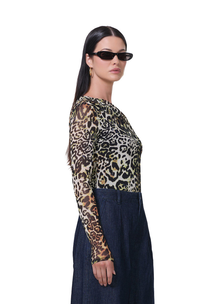 women's long sleeve top with draped neckline in animal print