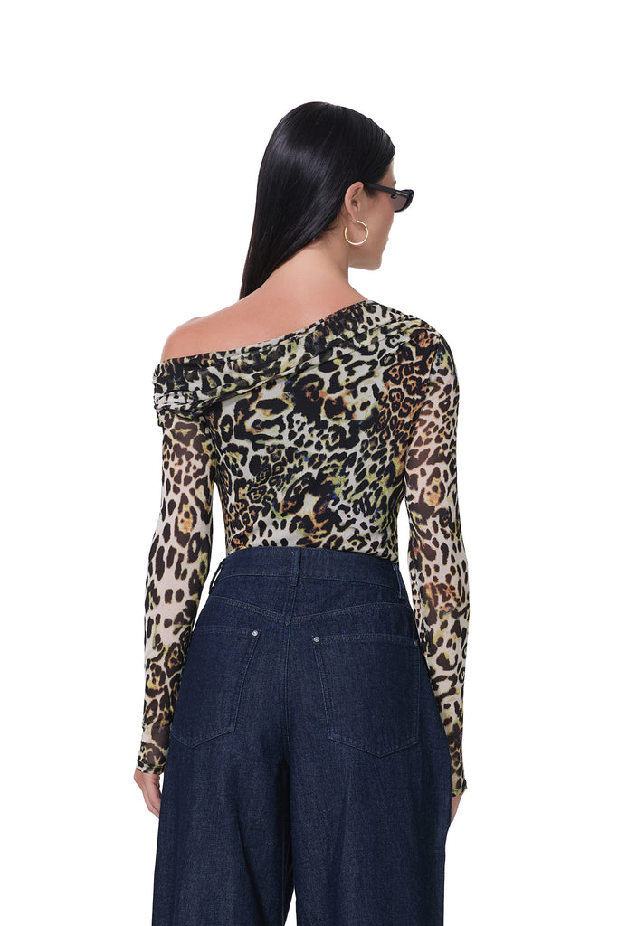 women's long sleeve top with draped neckline in animal print