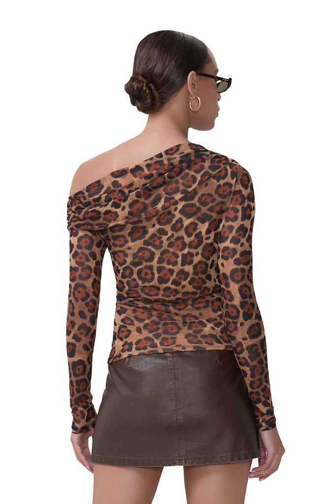 women's off the shoulder long sleeve top with asymmetrical neckline in cocoa leopard print