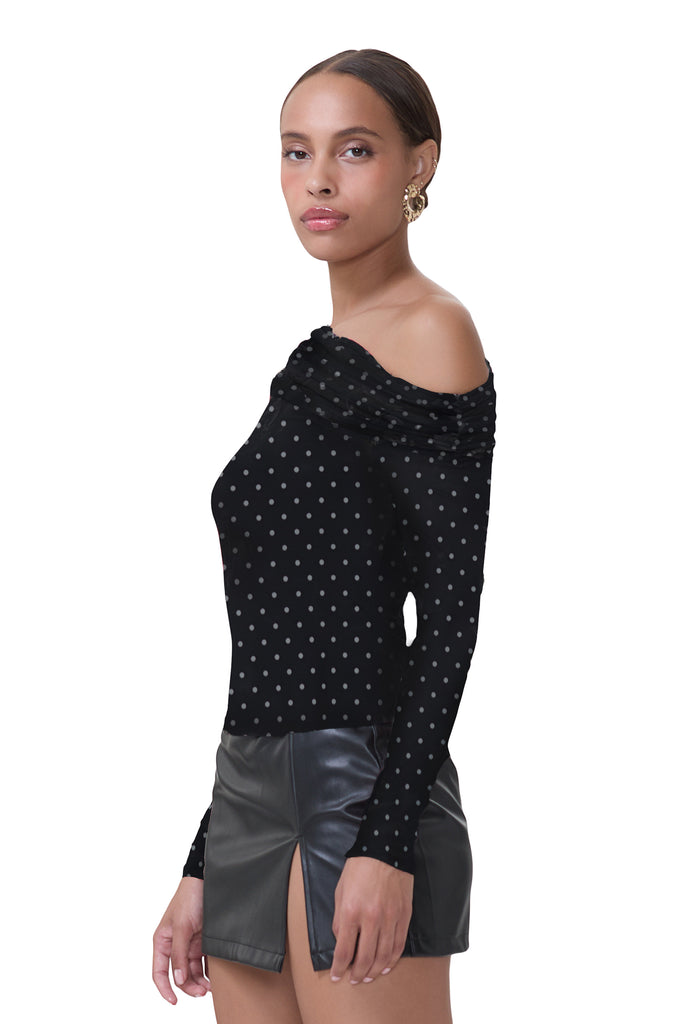 women's off the shoulder long sleeve top with asymmetrical neckline in noir dot print