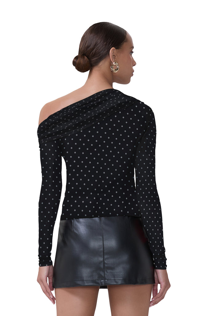 women's off the shoulder long sleeve top with asymmetrical neckline in noir dot print