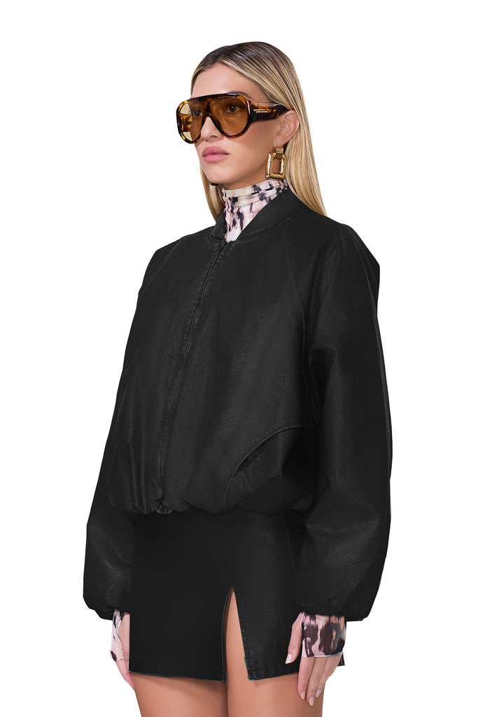 women's padded faux leather bomber jacket in black