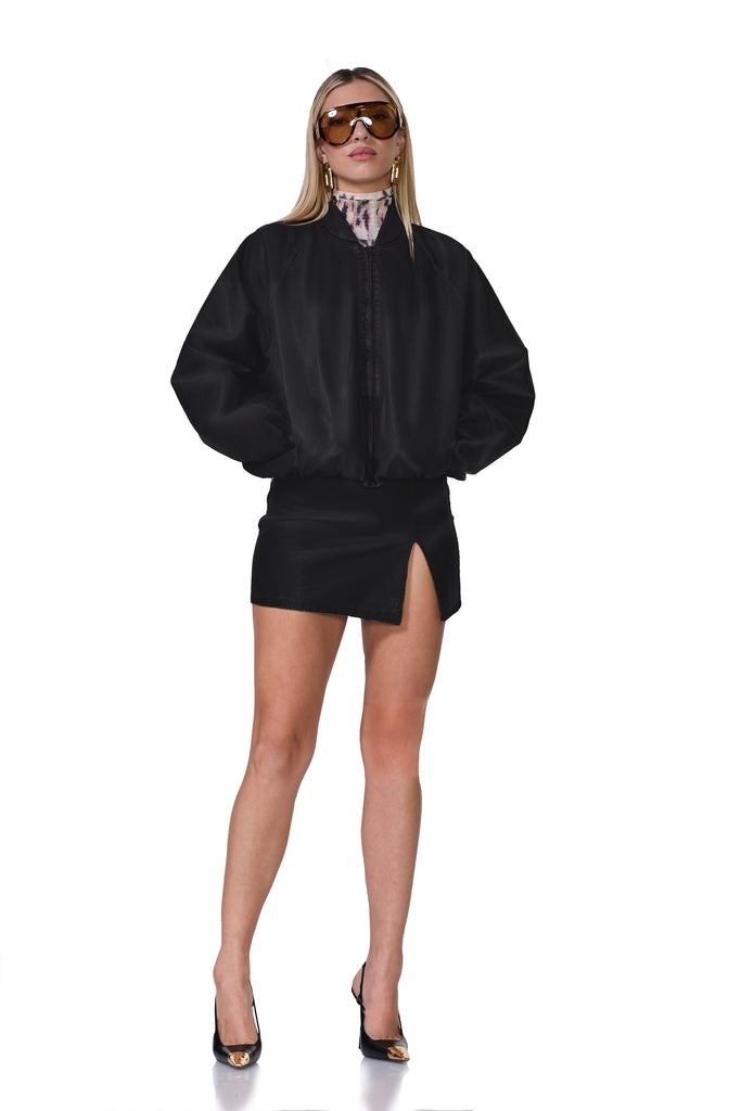 women's padded faux leather bomber jacket in black