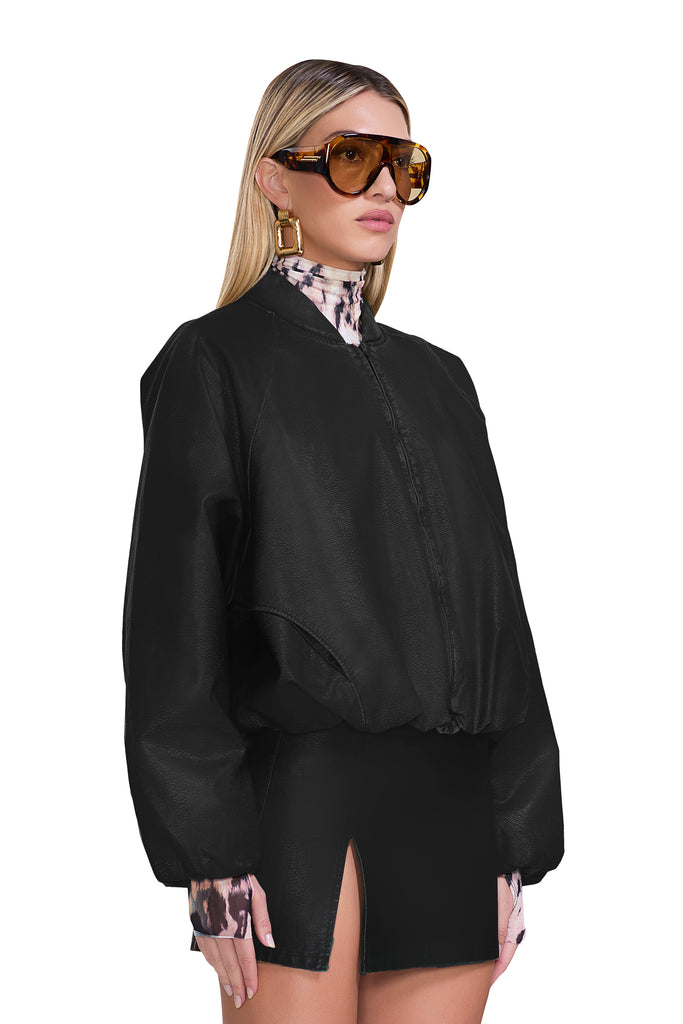 women's padded faux leather bomber jacket in black