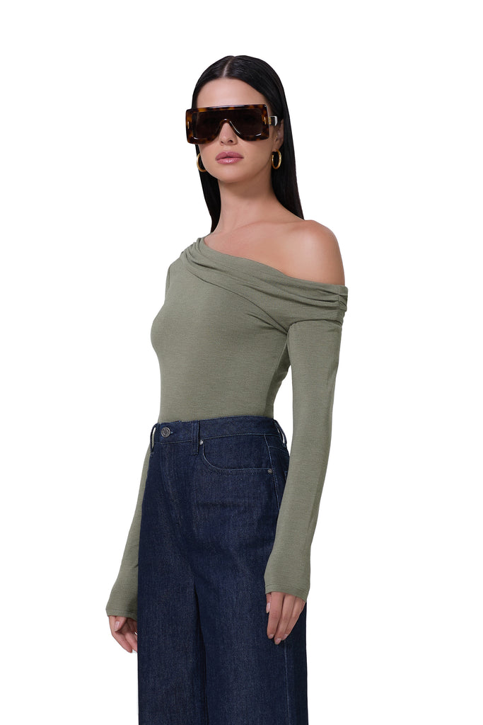 women's slightly off the shoulder long sleeve top in heather olive