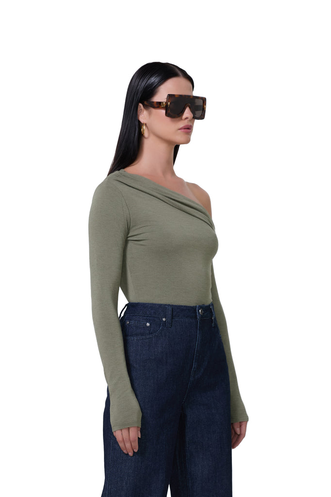 women's slightly off the shoulder long sleeve top in heather olive