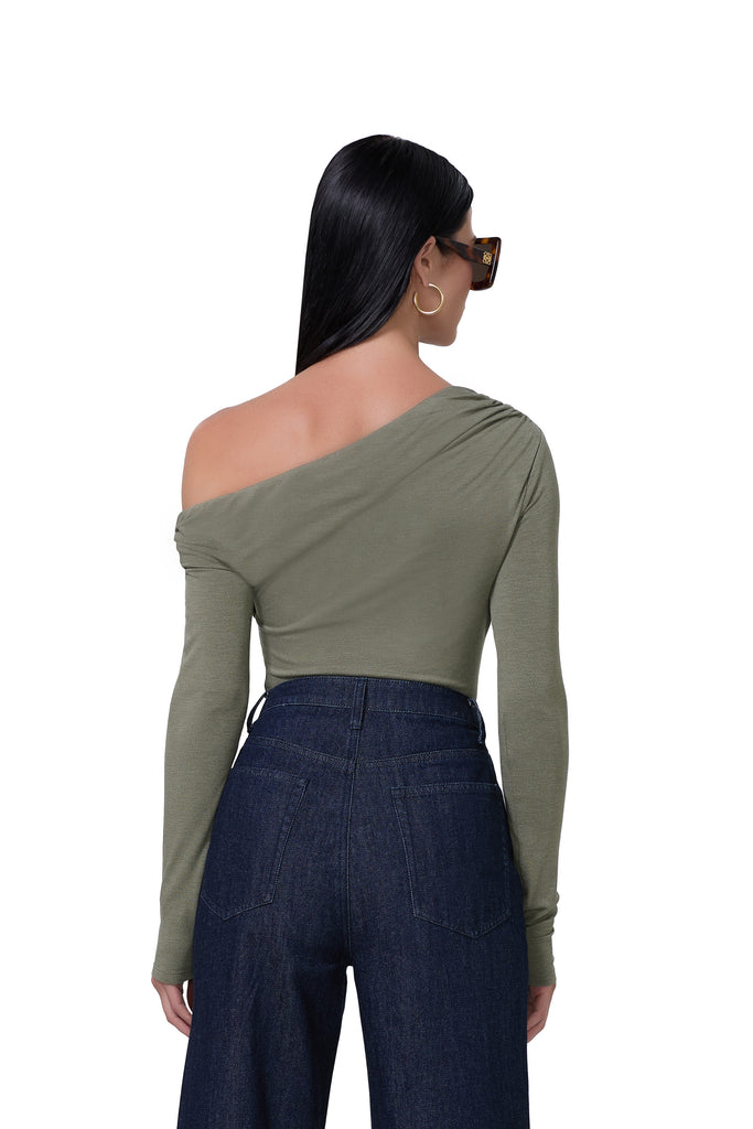 women's slightly off the shoulder long sleeve top in heather olive