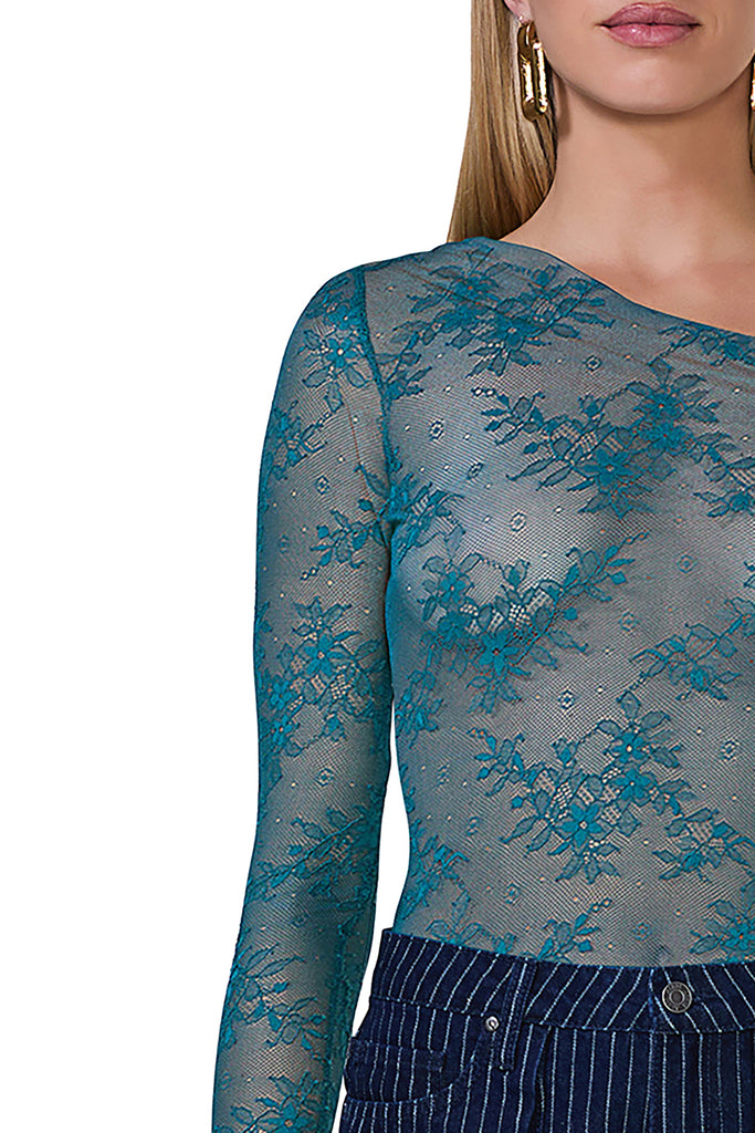 women's long sleeve lace top with draped neckline in spruce 