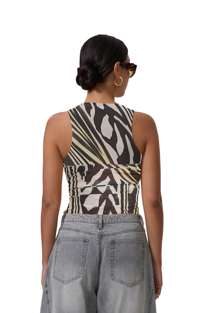 women's sleeveless top with illusion bandeau detail in zebra lime print