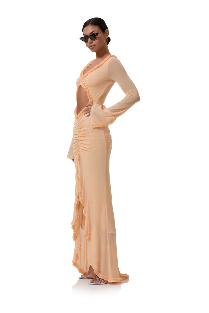 women's maxi length sheer dress with sleeves and micro ruffle details in peach fuzz 