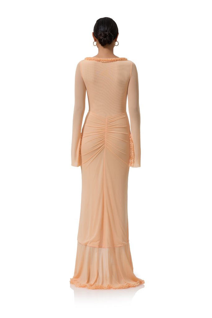 women's maxi length sheer dress with sleeves and micro ruffle details in peach fuzz 