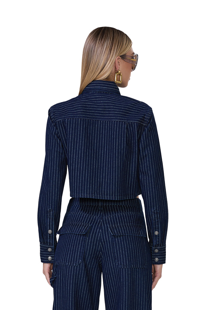 women's long sleeve cropped pin stripe shirt with an adjustable self tie neck tie in dark wash 