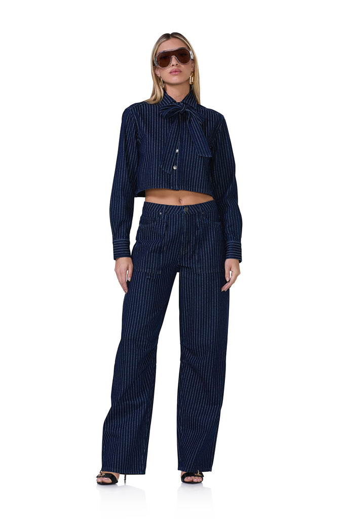 women's long sleeve cropped pin stripe shirt with an adjustable self tie neck tie in dark wash 