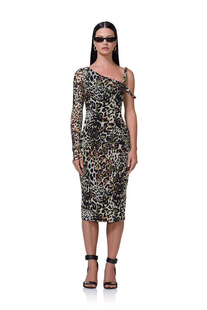 women's asymmetrical knee length dress with twisted strap on shoulder in fall animal print