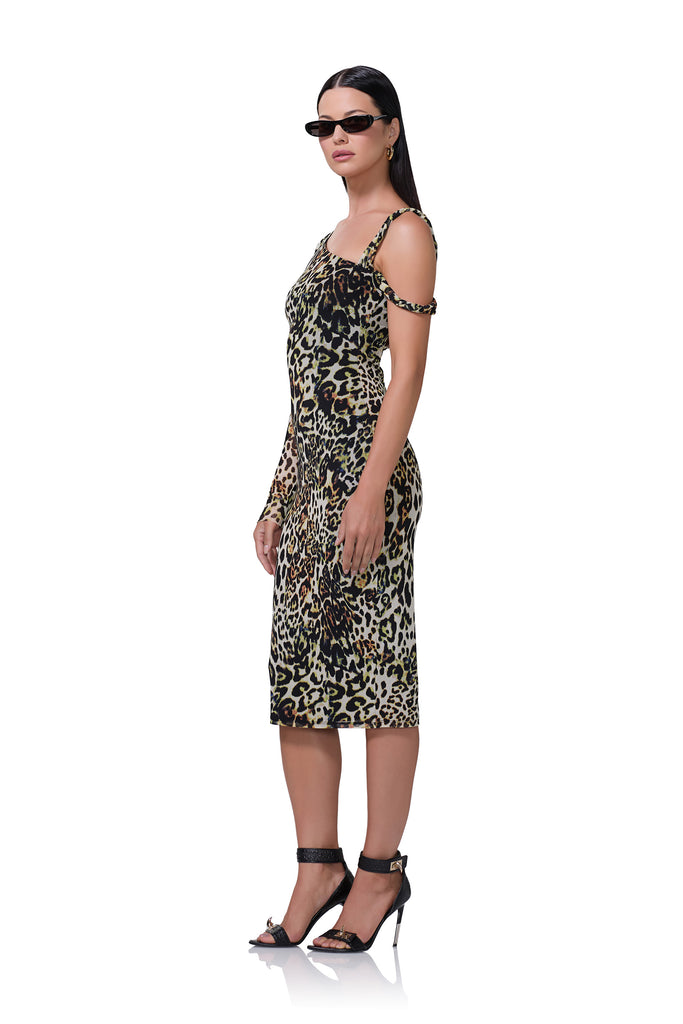 women's asymmetrical knee length dress with twisted strap on shoulder in fall animal print