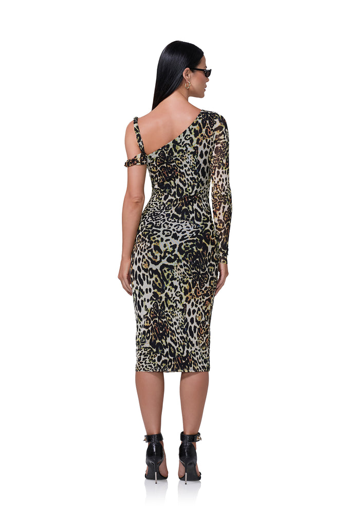 women's asymmetrical knee length dress with twisted strap on shoulder in fall animal print