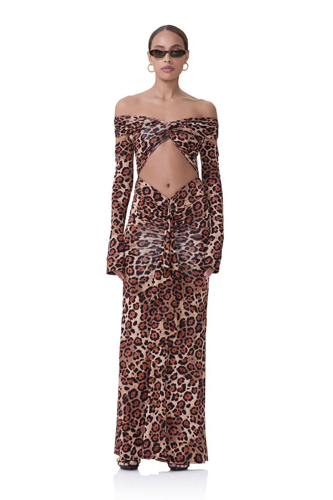 women's long sleeve dress with off the shoulder neckline detail and torso cutout detail in cocoa leopard print 