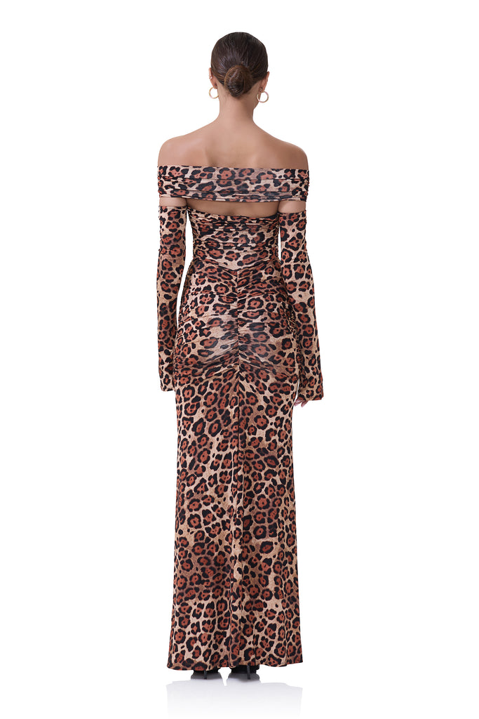 women's long sleeve dress with off the shoulder neckline detail and torso cutout detail in cocoa leopard print 